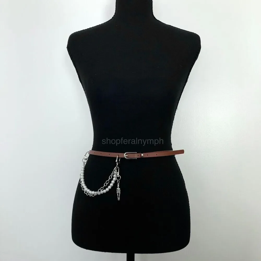 Vintage Y2K Whimsygoth Skeleton Pearl Chain Belt, Fits 33–36 Inches, X7GA1193